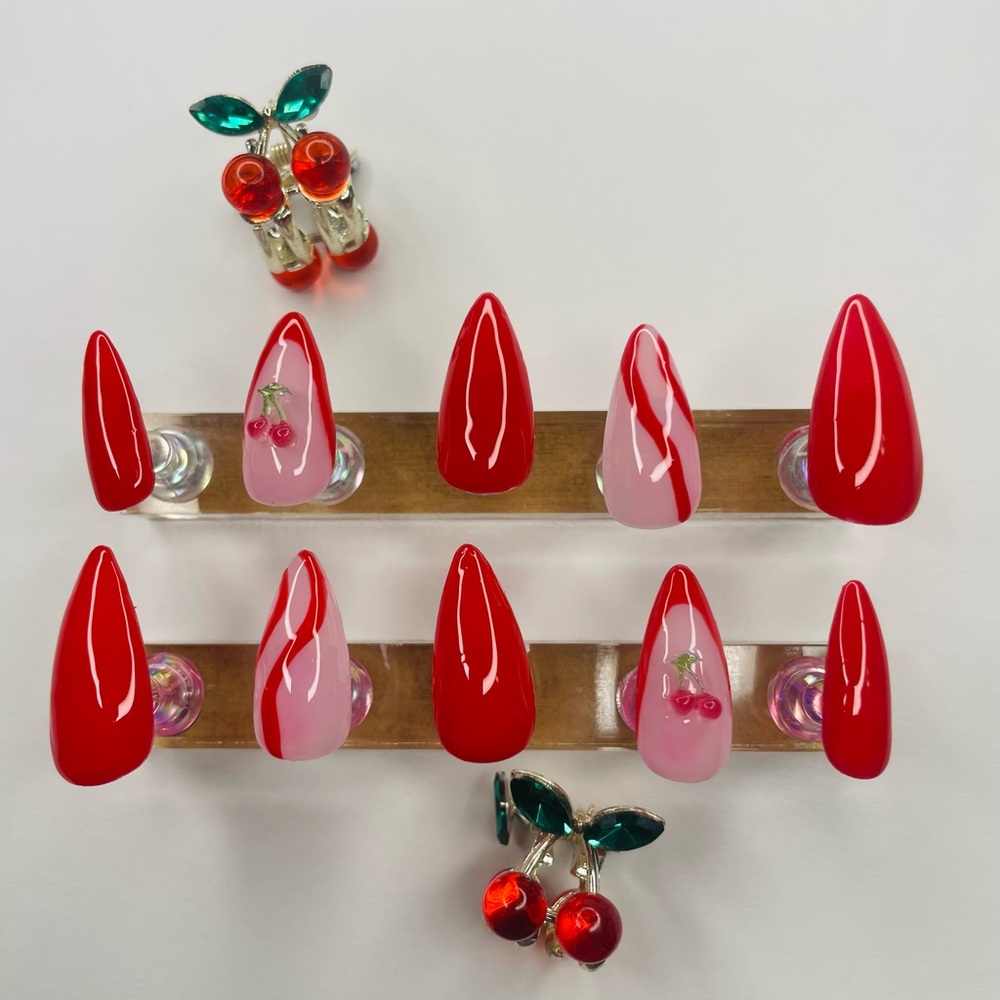 Red and Pink Cherry Nail Set with hair clips included!!